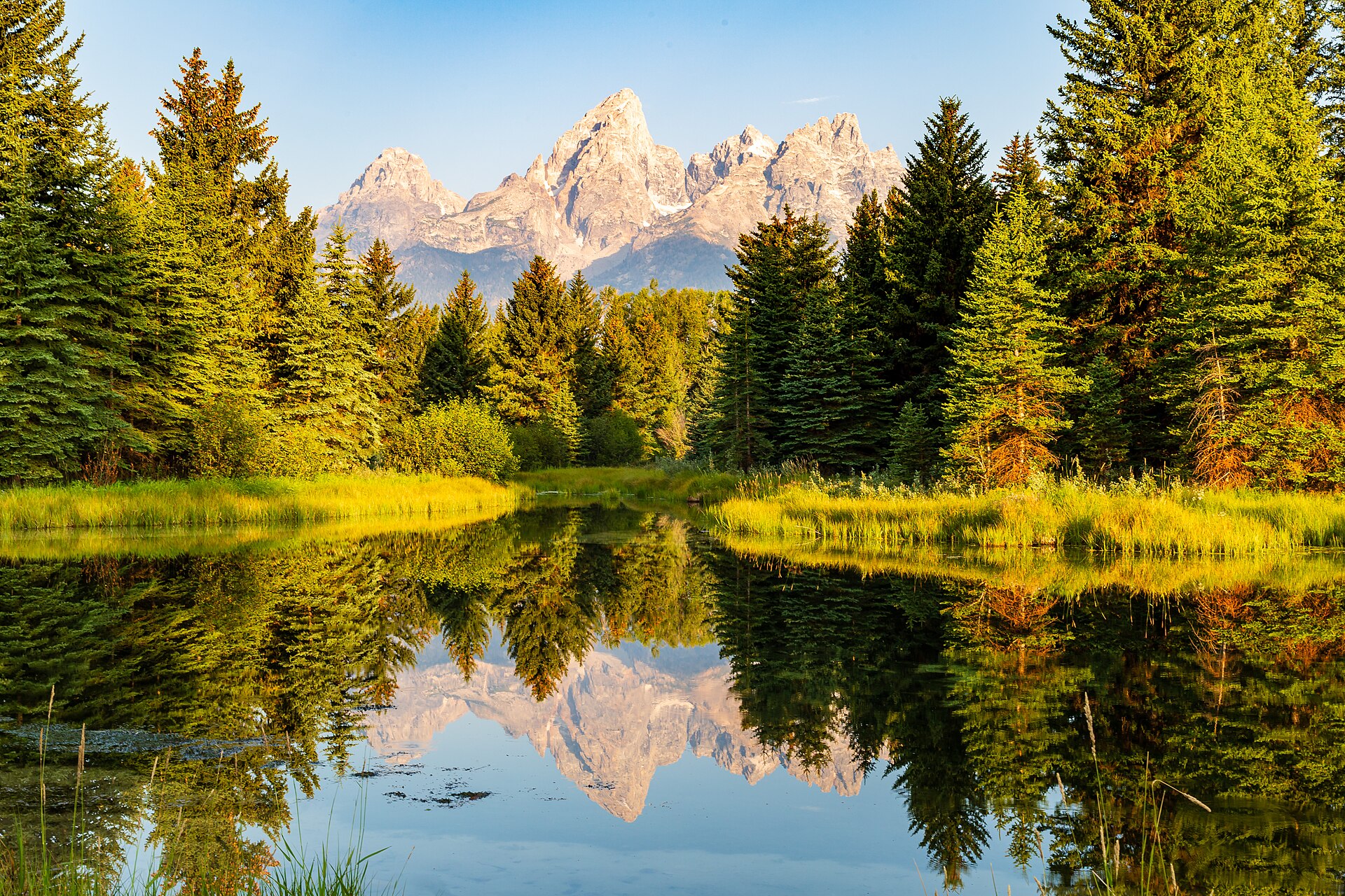 Teton Range reflected in the Snake River at Schwabacher Landing at sunrise in Grand Teton National Park