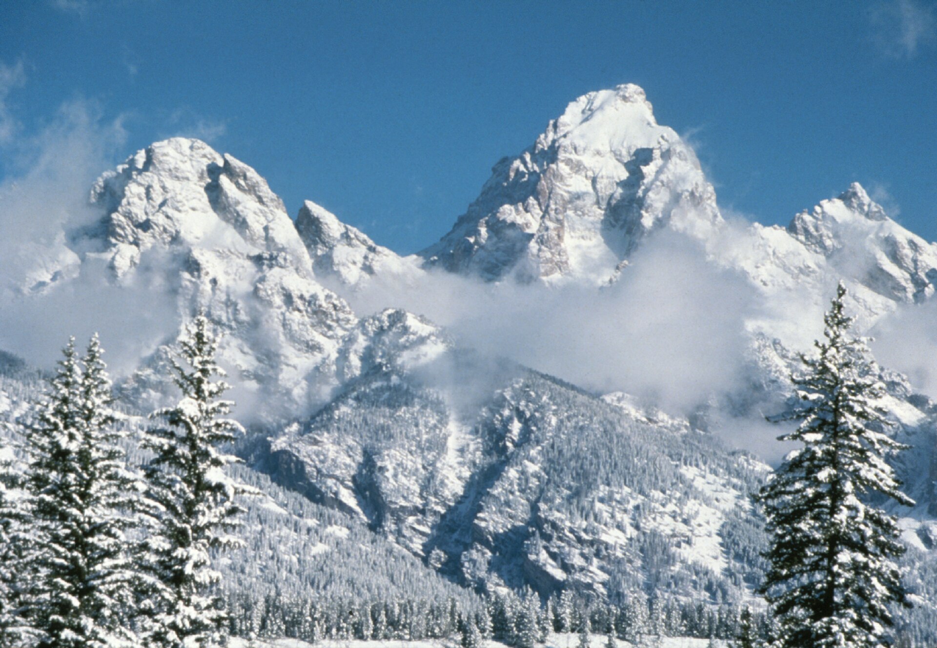Grand Teton covered in fresh snow during winter in Grand Teton National Park