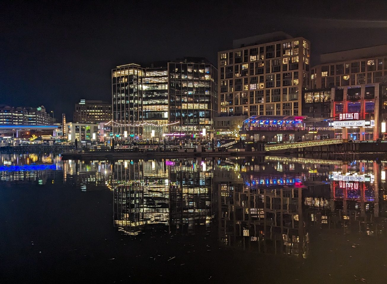 The Wharf waterfront district in Washington DC lit up at night