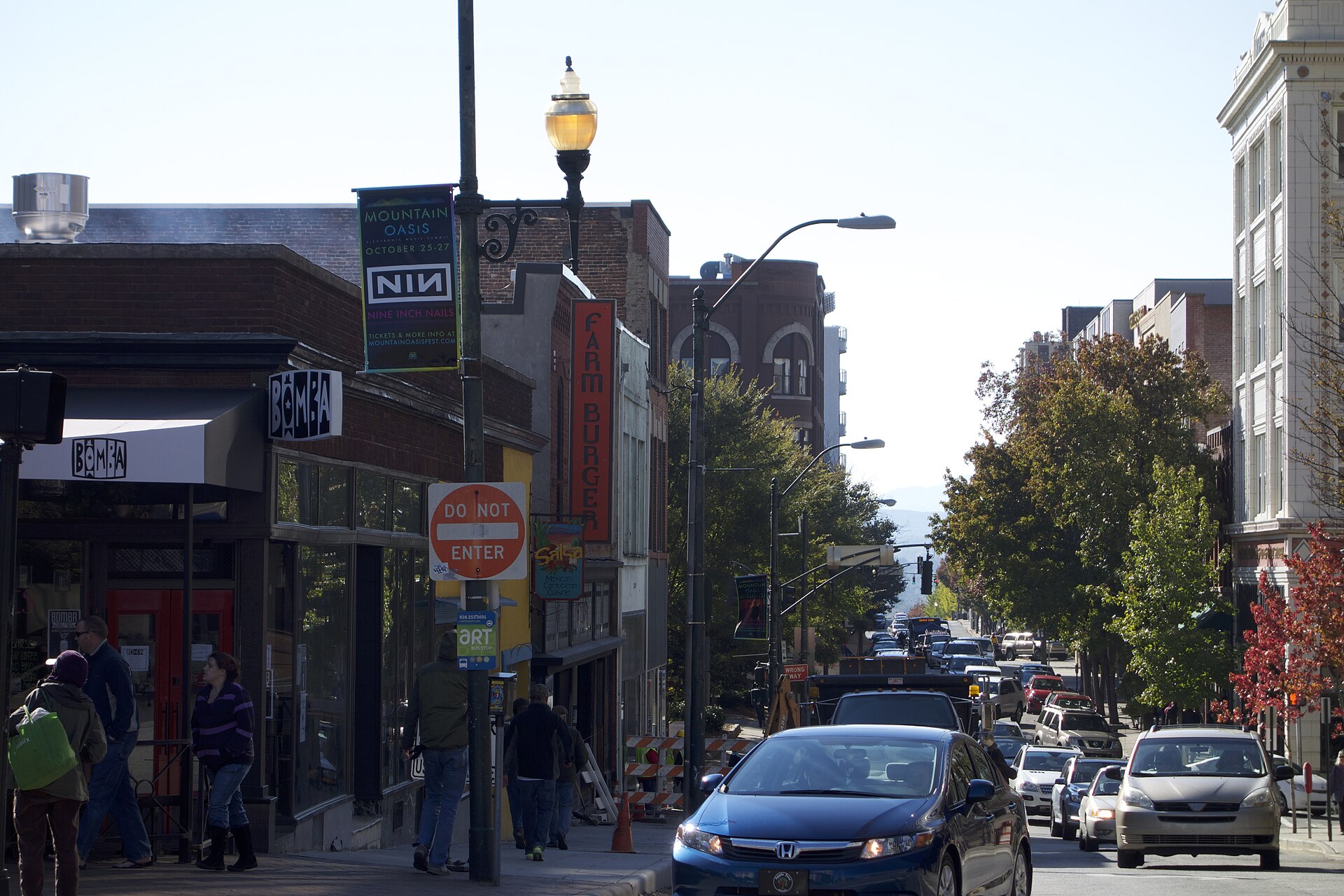 Downtown Asheville, North Carolina with the Blue Ridge Mountains in the distance