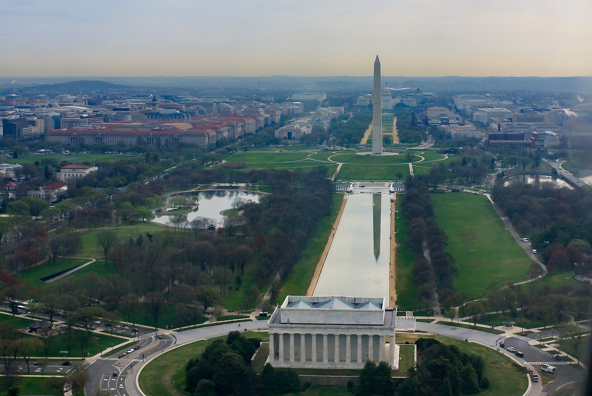 The Washington Monument and National Mall under a clear sky, showing typical Washington DC weather on a spring day