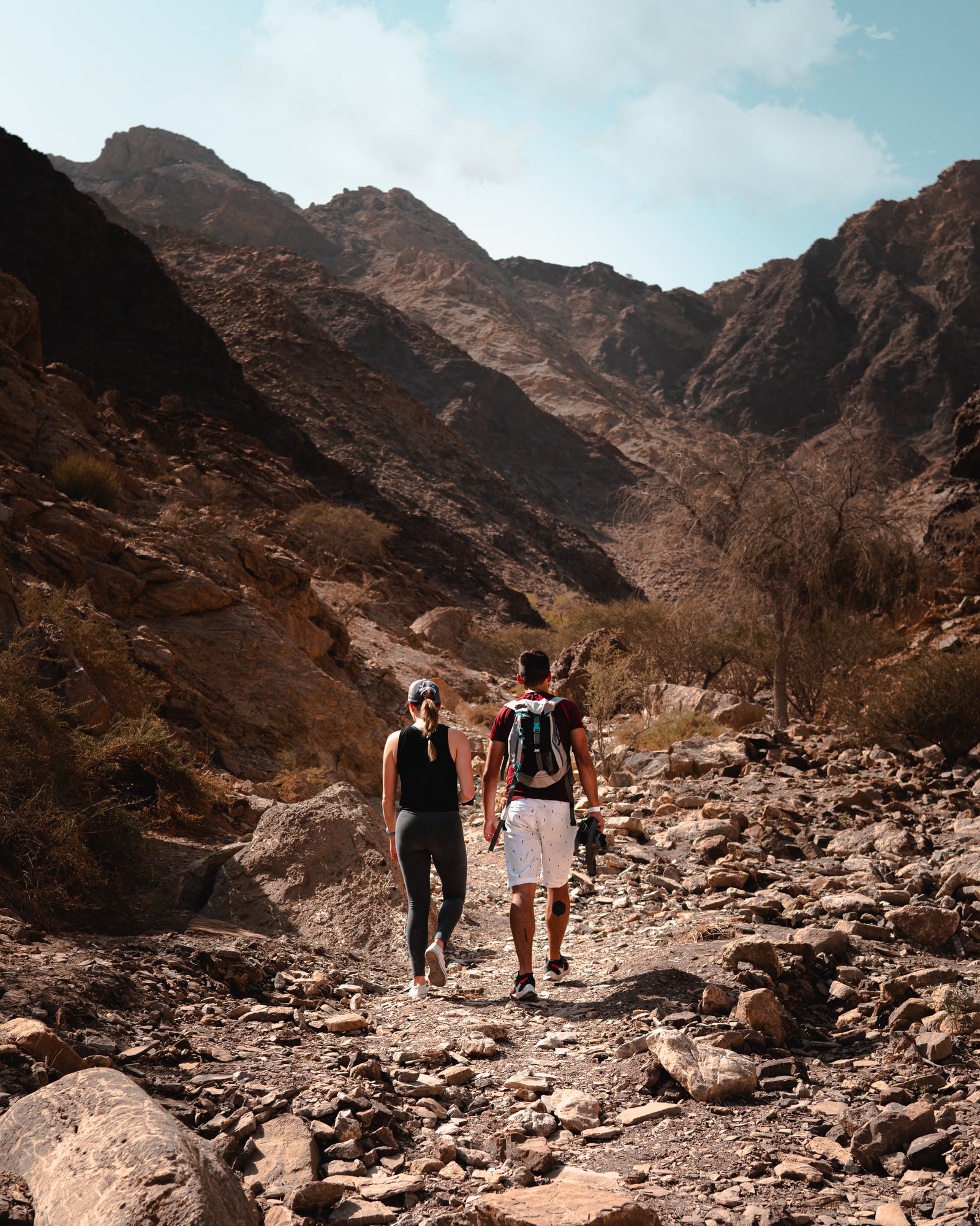 Two backpackers hiking on a rustic forest trail
