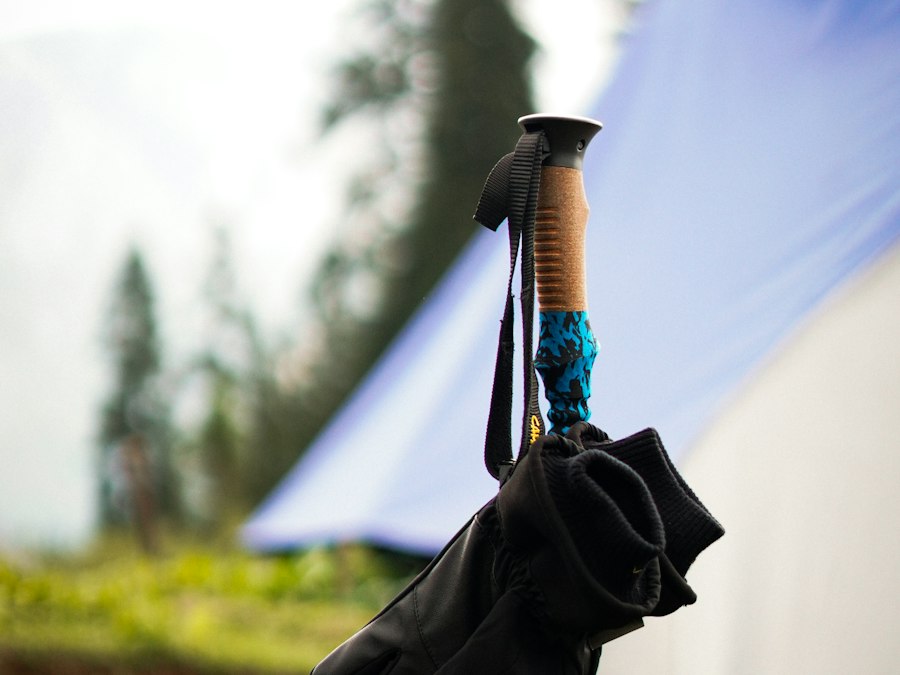 Trekking pole standing beside a lightweight backpacking tent