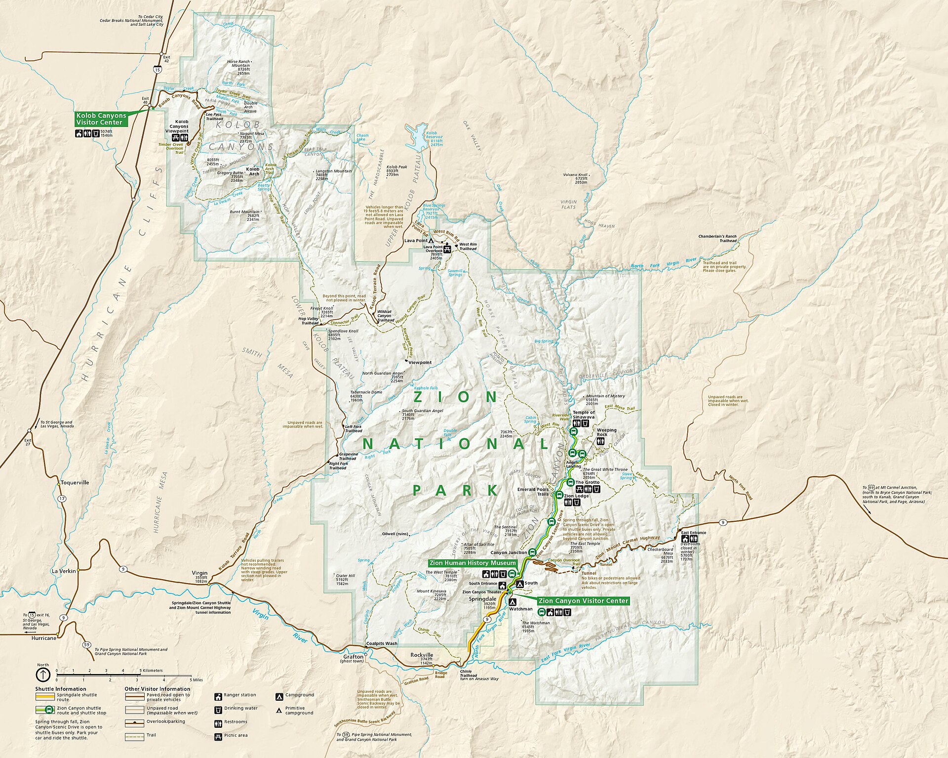 Zion National Park map showing Zion Canyon, Kolob Canyons, the entrances and main roads